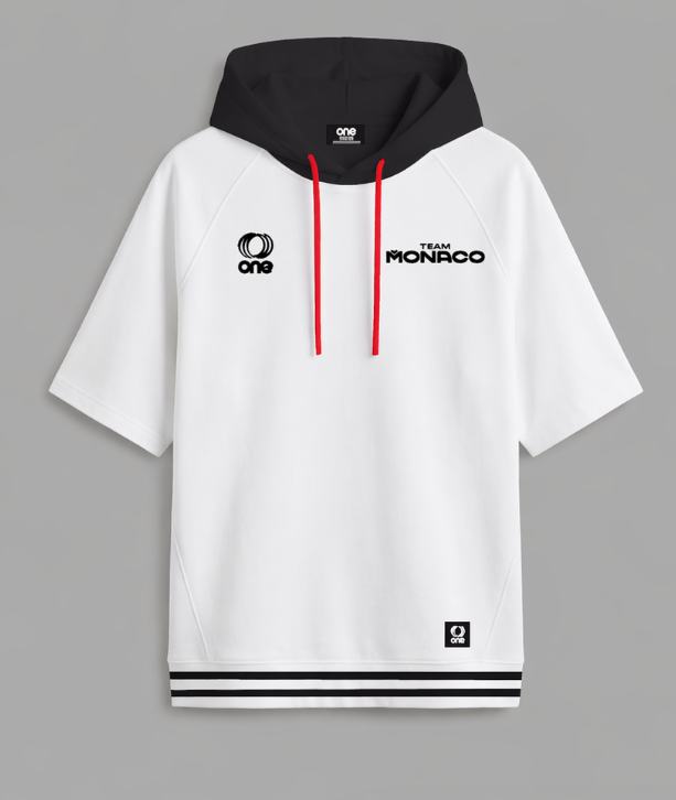 Hooded polo, with high density print and applique, organic cotton