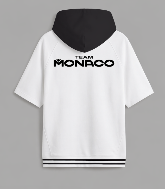 Hooded polo, with high density print and applique, organic cotton